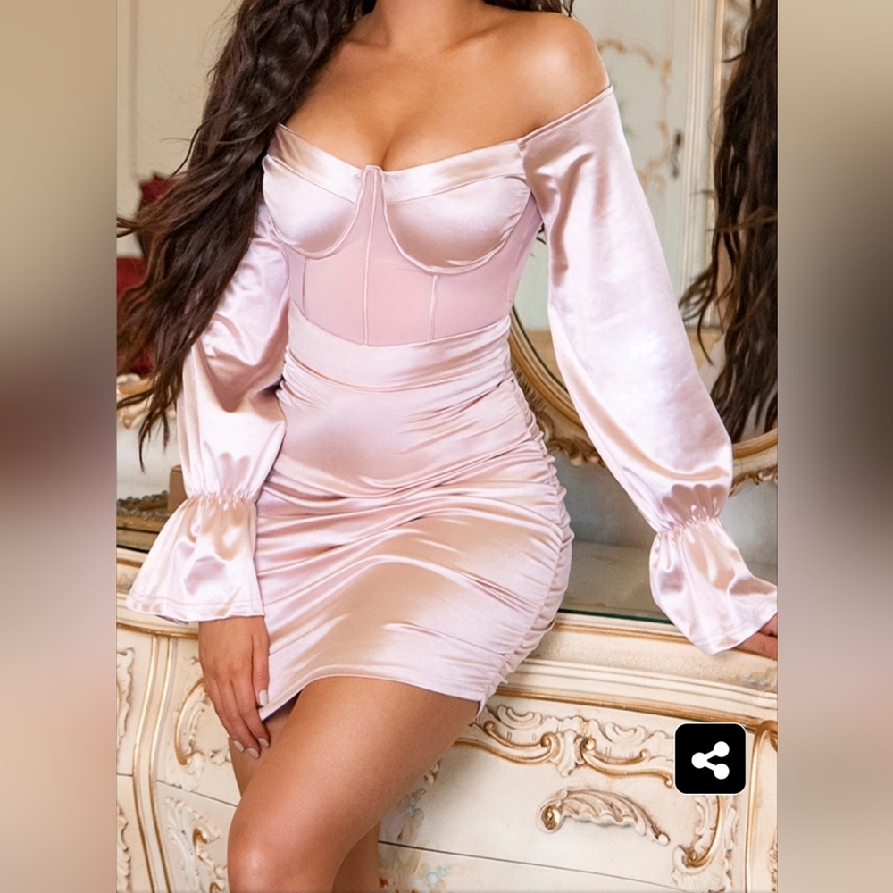 𝅺🔥HOST pick🔥 PLT Dusty Pink Bardot Satin Mesh Insert Ruched Bodycon Dress